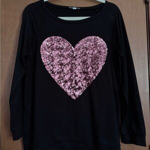 Black Long Sleeve Top with Pink Sequin Heart, Boutique sold, Size M